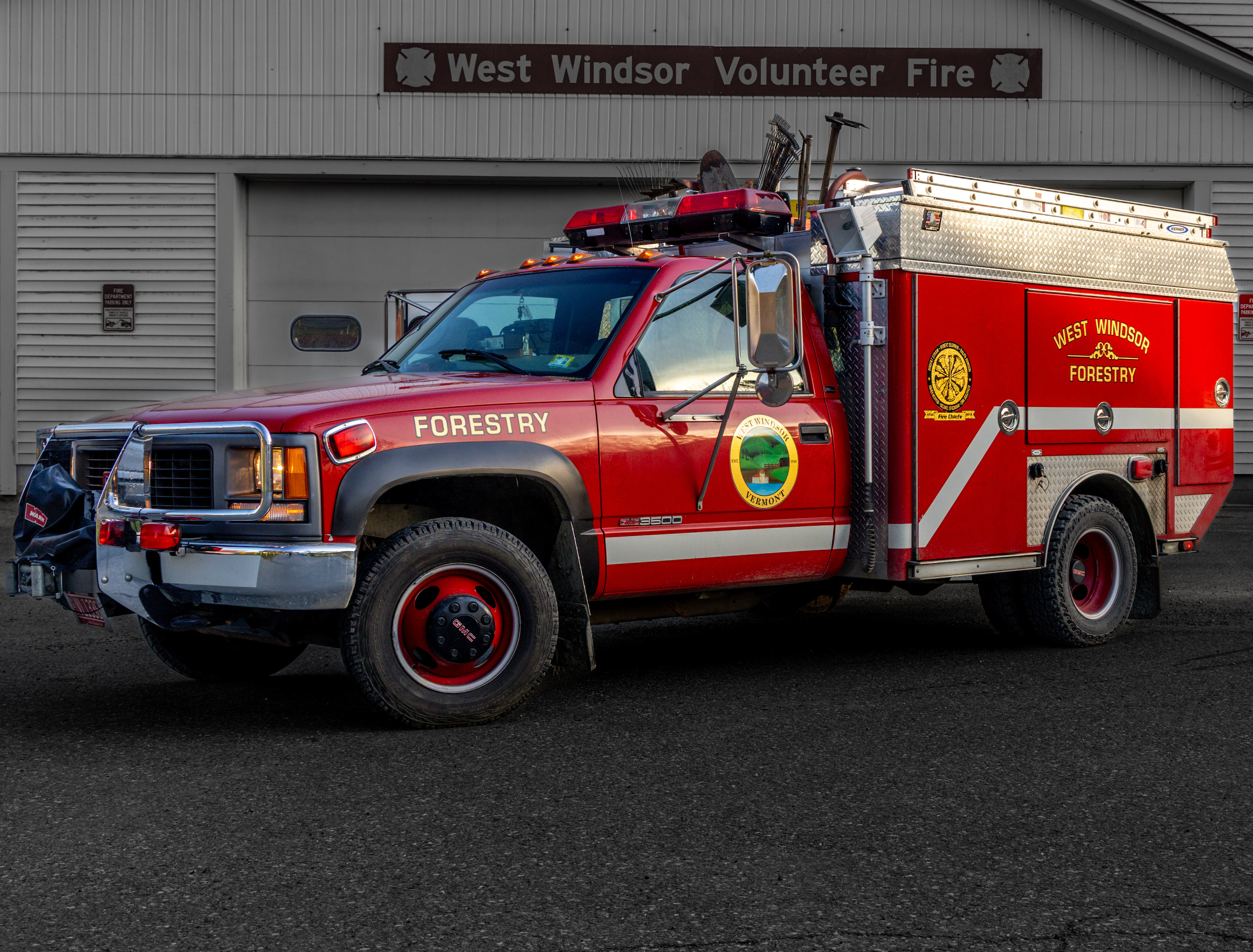 The West Windsor Forestry Truck, parked in front of the station